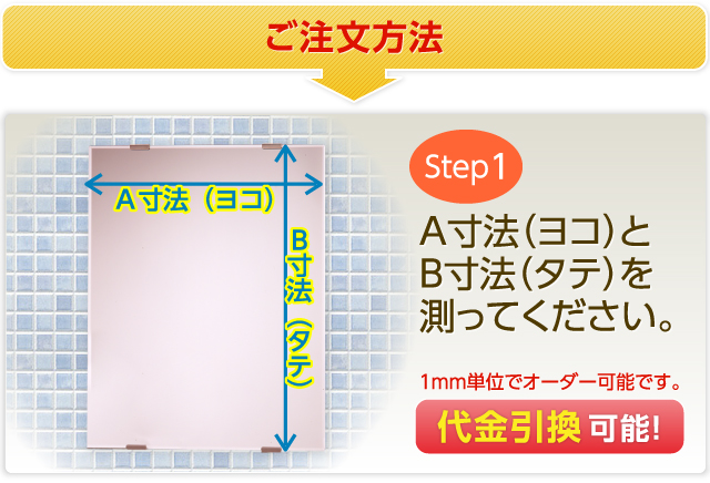 ご注文方法 Step1 A寸法(ヨコ)とB寸法(タテ)を測ってください。1mm単位でオーダー可能です。代金引換可能!